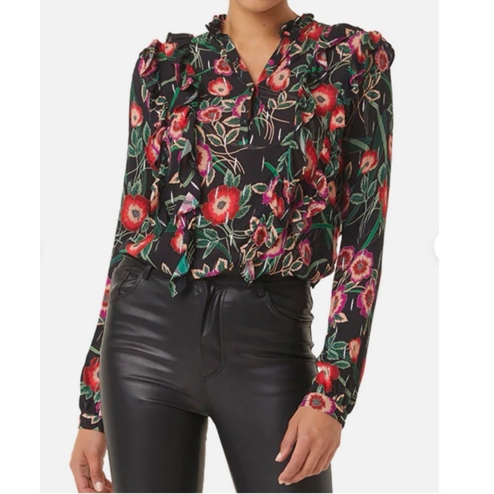 Anthro Misa Los Angeles Hibiscus Floral Ruffle Blouse with Metallic Threading